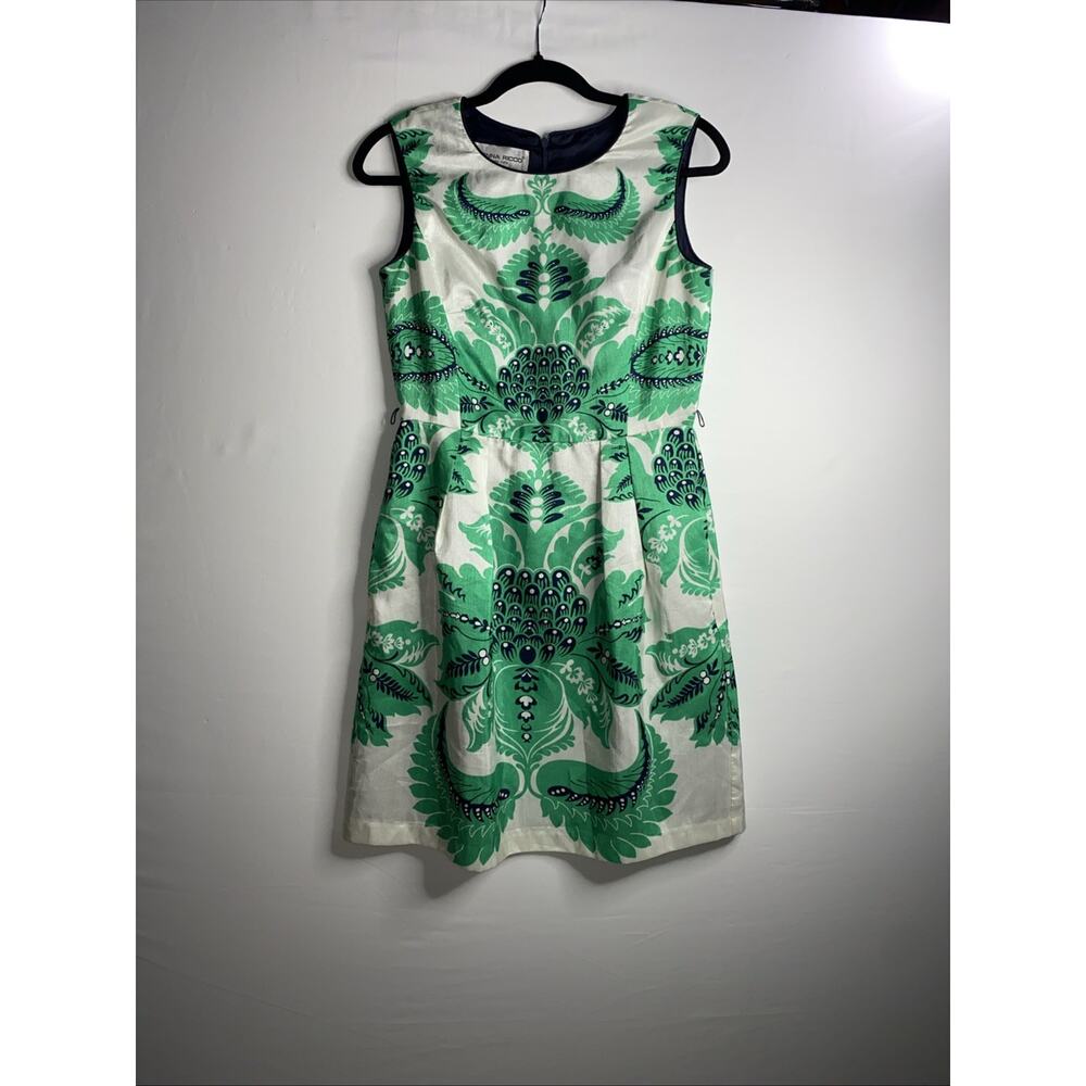 Donna Ricco New York Paisley Print Belted Dress Green Ivory Size 6